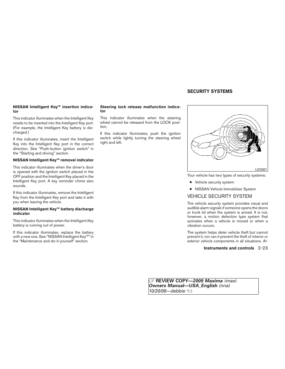 Security systems -23, Vehicle security system -23 | NISSAN 2009 Maxima - Owner's Manual User Manual | Page 90 / 419