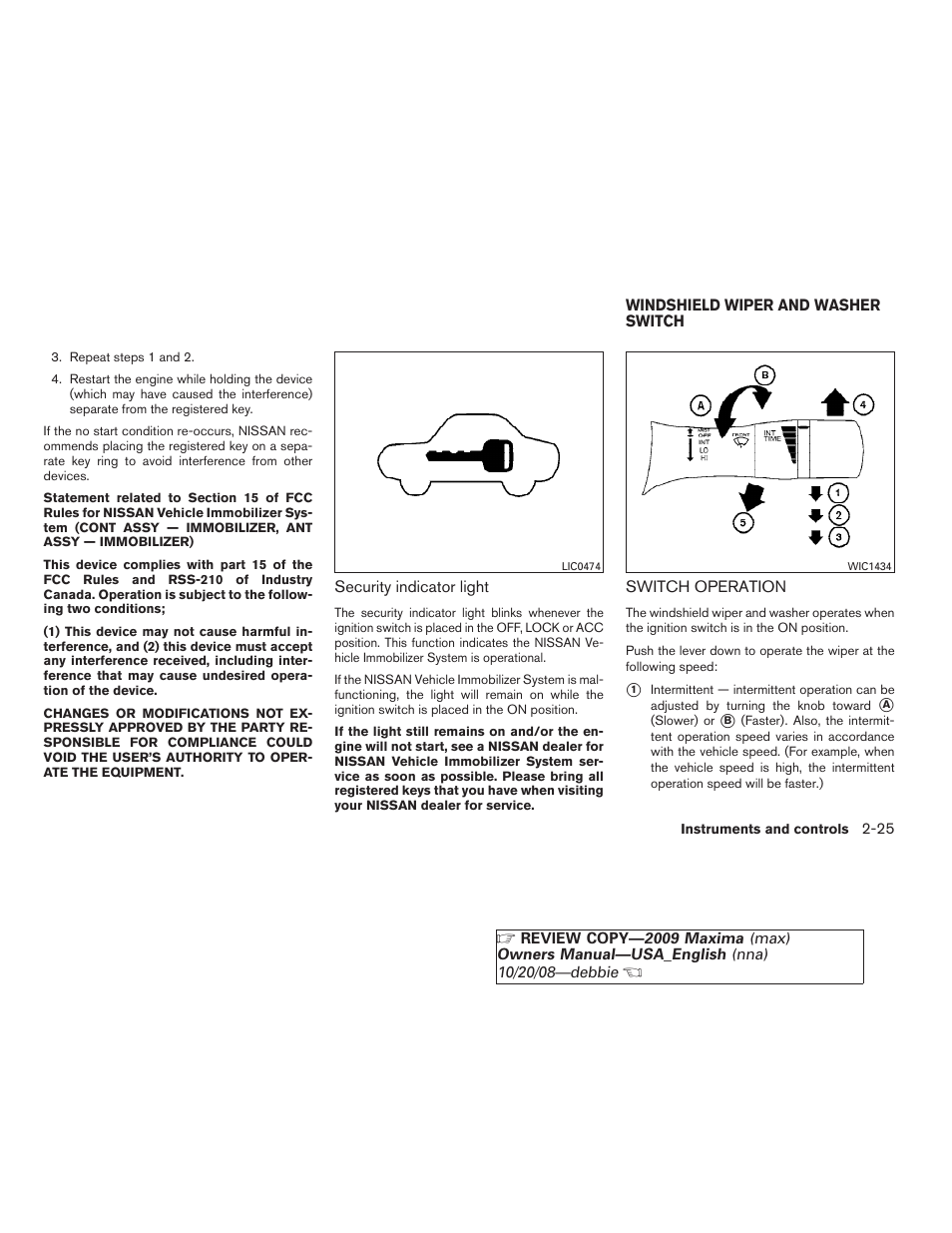 Windshield wiper and washer switch -25, Switch operation -25 | NISSAN 2009 Maxima - Owner's Manual User Manual | Page 92 / 419