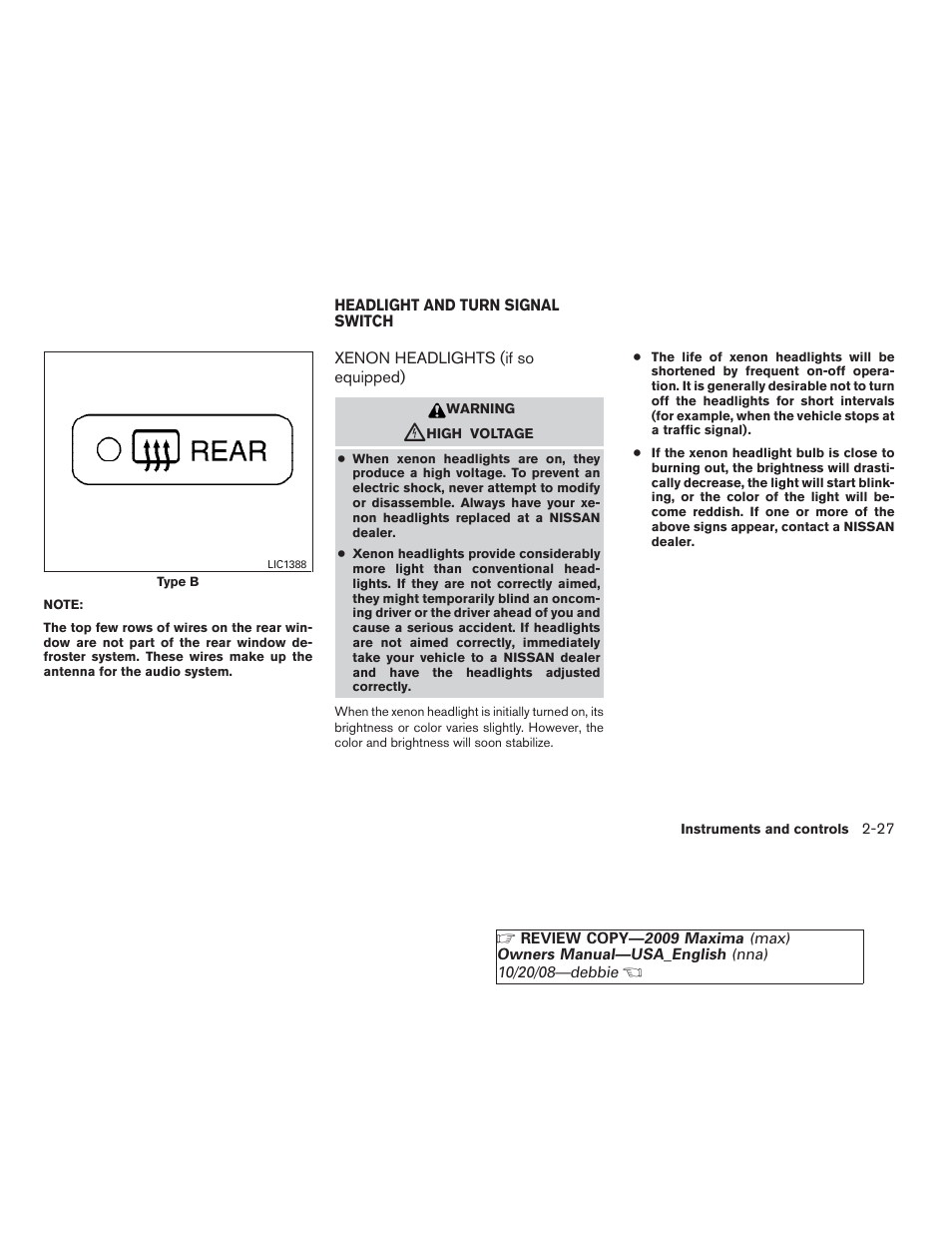 Headlight and turn signal switch -27, Xenon headlights (if so equipped) -27 | NISSAN 2009 Maxima - Owner's Manual User Manual | Page 94 / 419