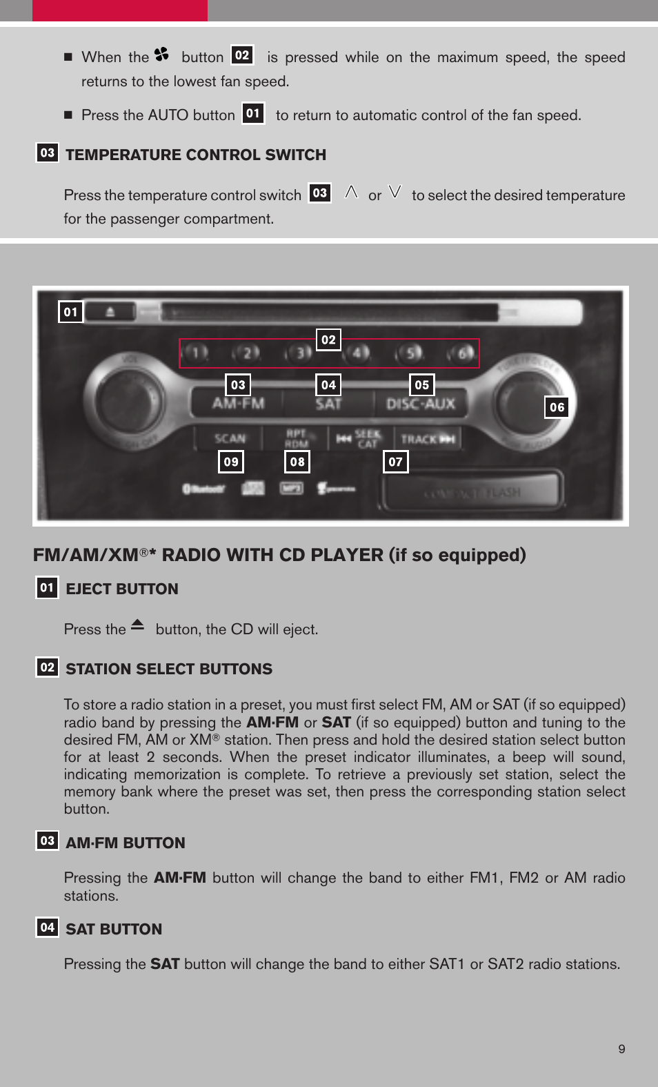 Fm/am/xm ா * radio with cd player (if so equipped) | NISSAN 2009 Maxima - Quick Reference Guide User Manual | Page 11 / 52