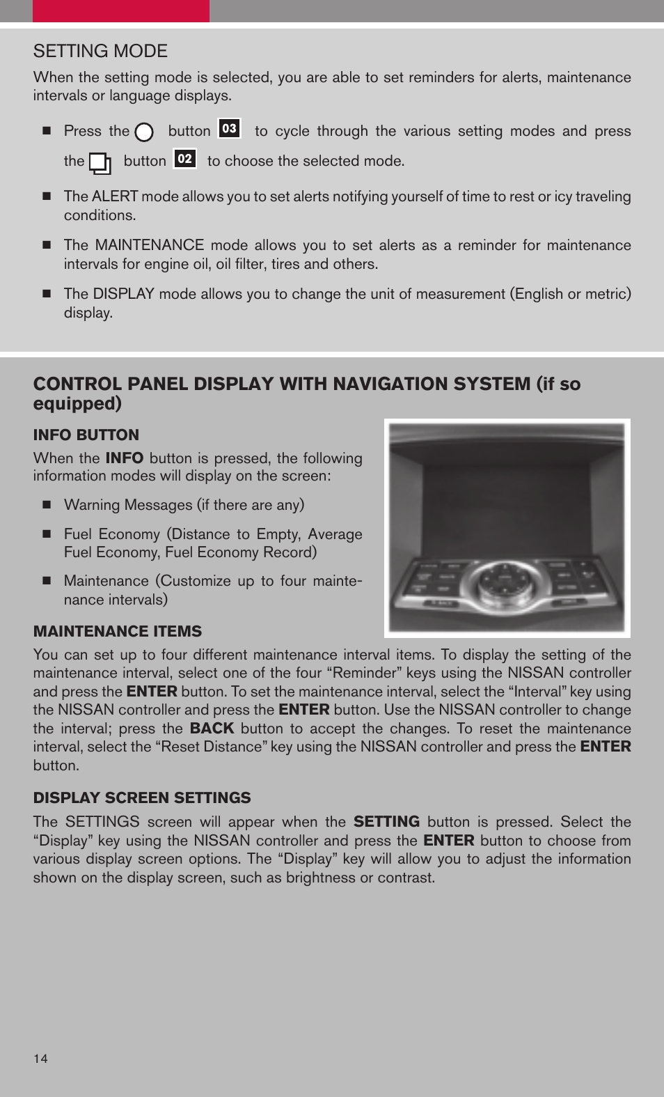 Setting mode | NISSAN 2009 Maxima - Quick Reference Guide User Manual | Page 16 / 52