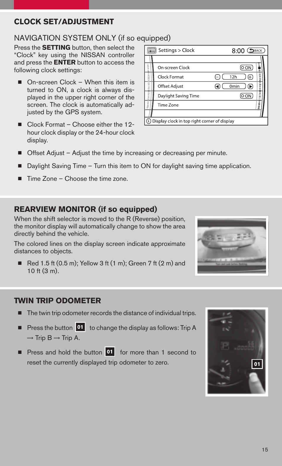 Rearview monitor (if so equipped), Twin trip odometer | NISSAN 2009 Maxima - Quick Reference Guide User Manual | Page 17 / 52