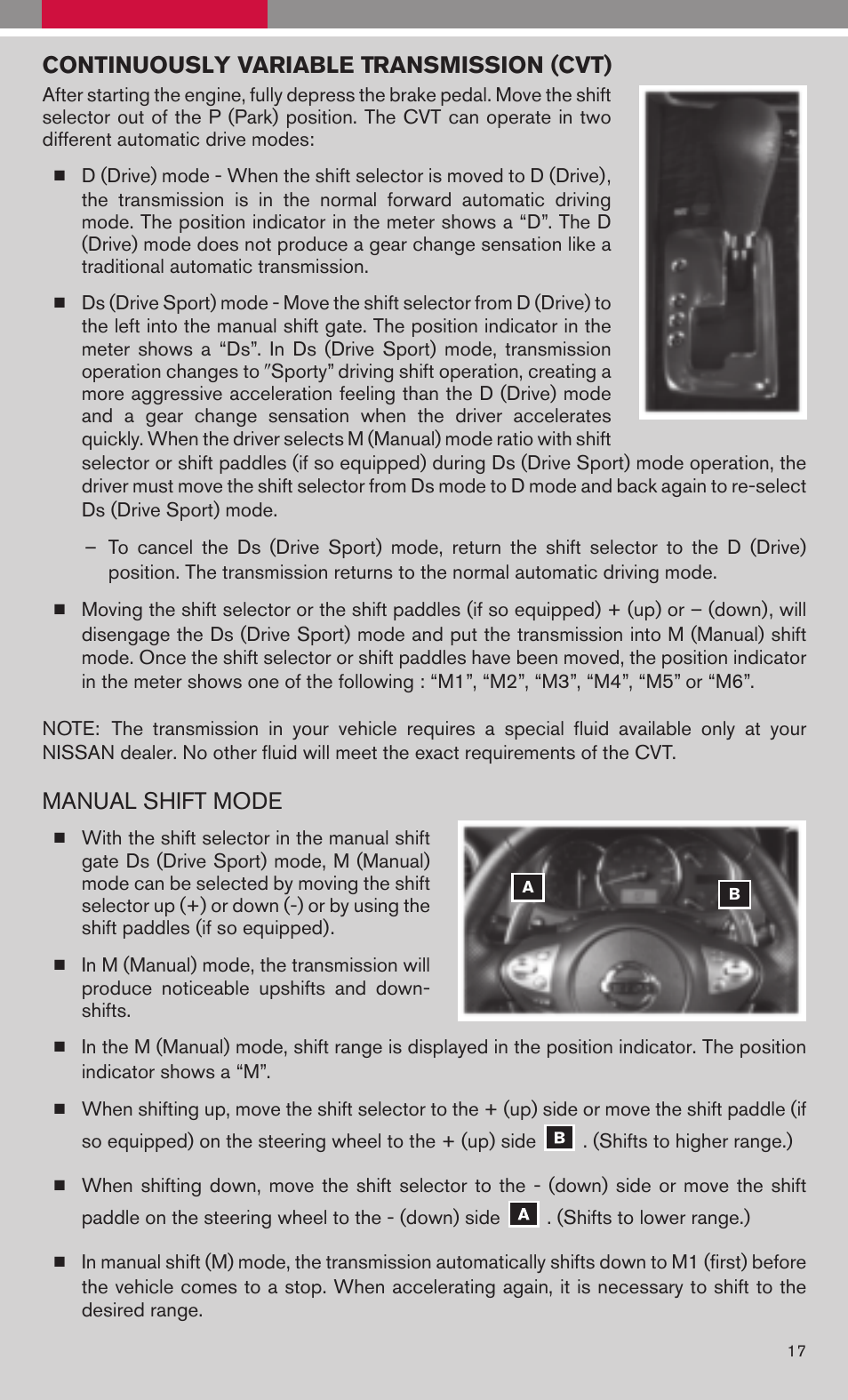 Continuously variable transmission (cvt), Manual shift mode | NISSAN 2009 Maxima - Quick Reference Guide User Manual | Page 19 / 52