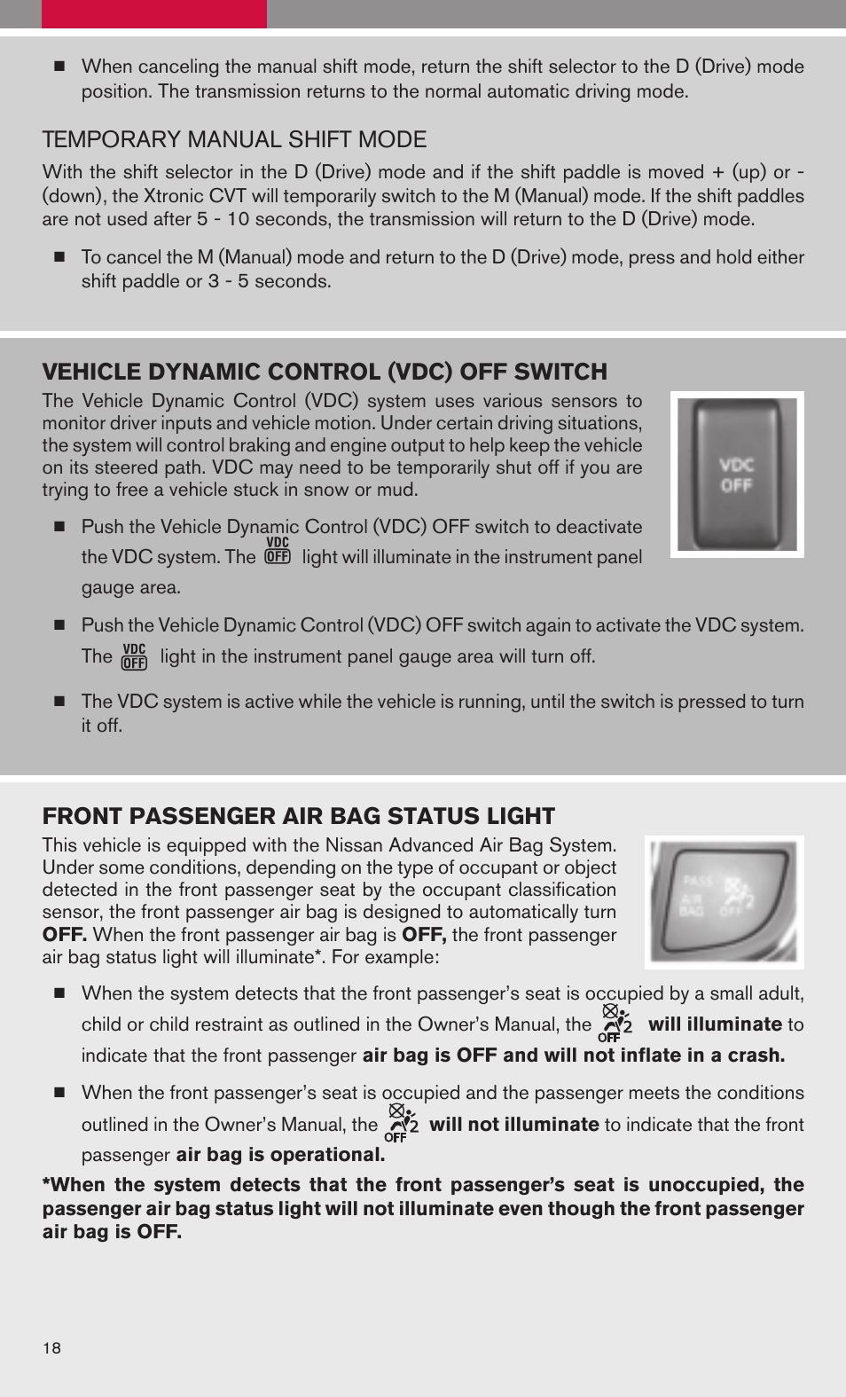 Temporary manual shift mode, Vehicle dynamic control (vdc) off switch, Front passenger air bag status light | NISSAN 2009 Maxima - Quick Reference Guide User Manual | Page 20 / 52