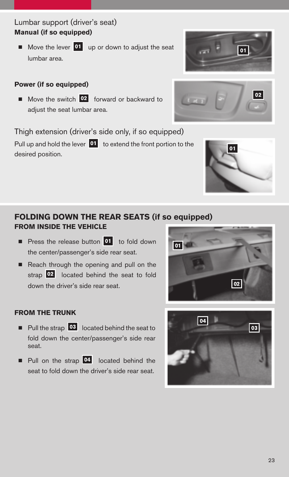 Lumbar support (driver’s seat), Folding down the rear seats (if so equipped) | NISSAN 2009 Maxima - Quick Reference Guide User Manual | Page 25 / 52