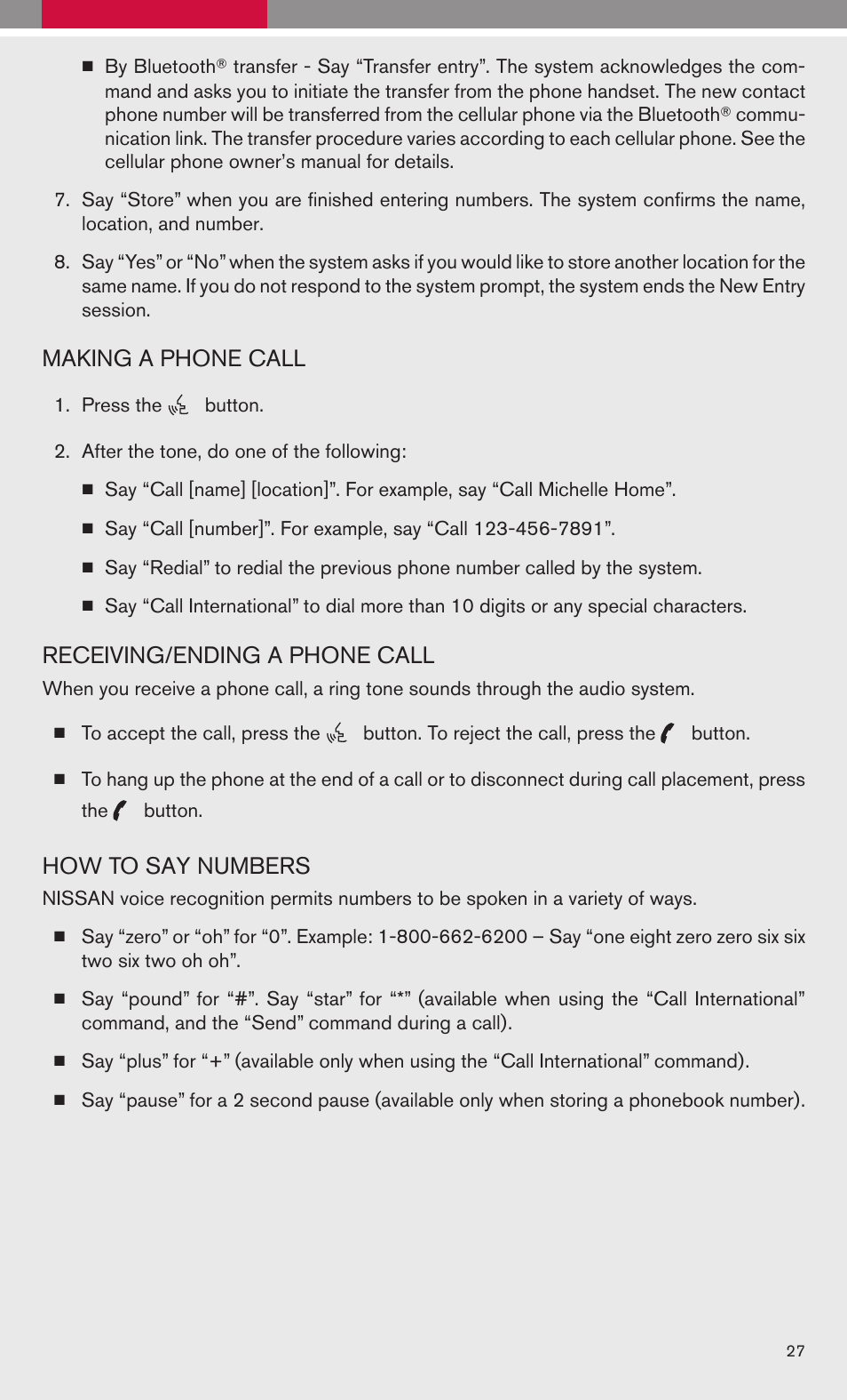 Making a phone call, Receiving/ending a phone call, How to say numbers | NISSAN 2009 Maxima - Quick Reference Guide User Manual | Page 29 / 52
