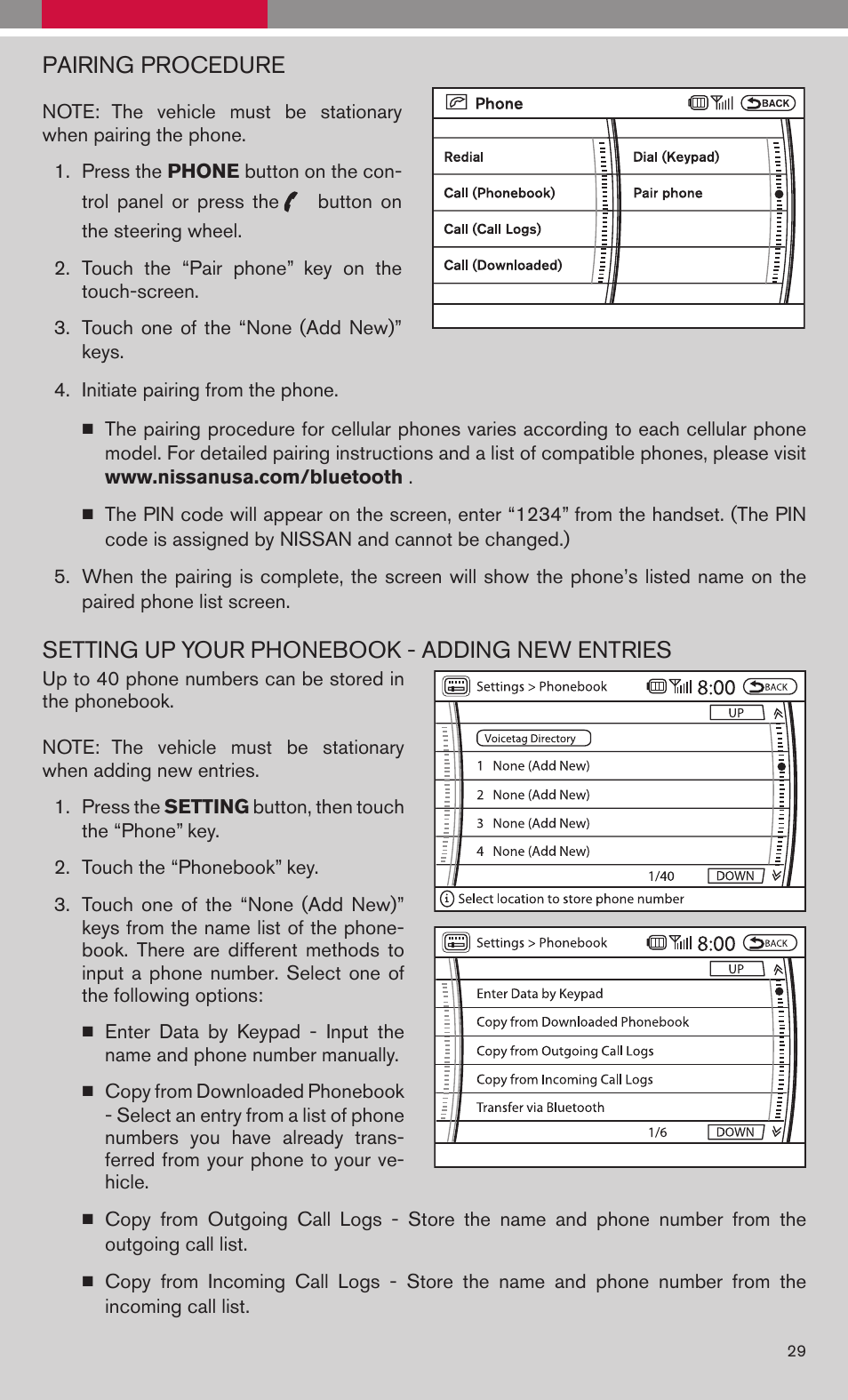 Pairing procedure, Setting up your phonebook - adding new entries | NISSAN 2009 Maxima - Quick Reference Guide User Manual | Page 31 / 52