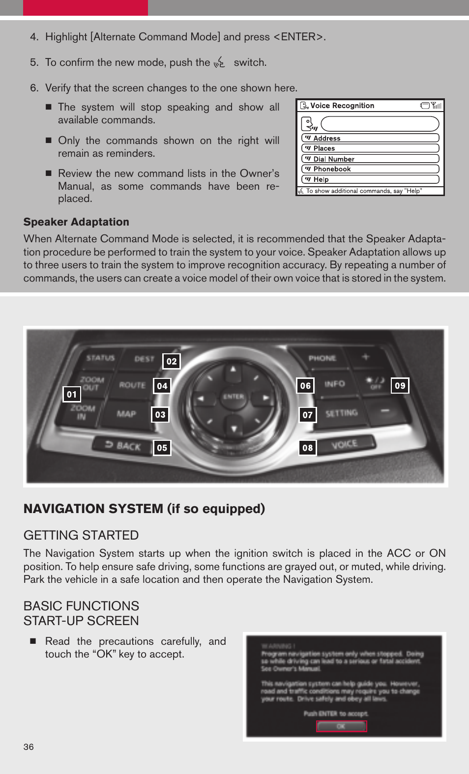 Navigation system (if so equipped) getting started, Basic functions start-up screen | NISSAN 2009 Maxima - Quick Reference Guide User Manual | Page 38 / 52