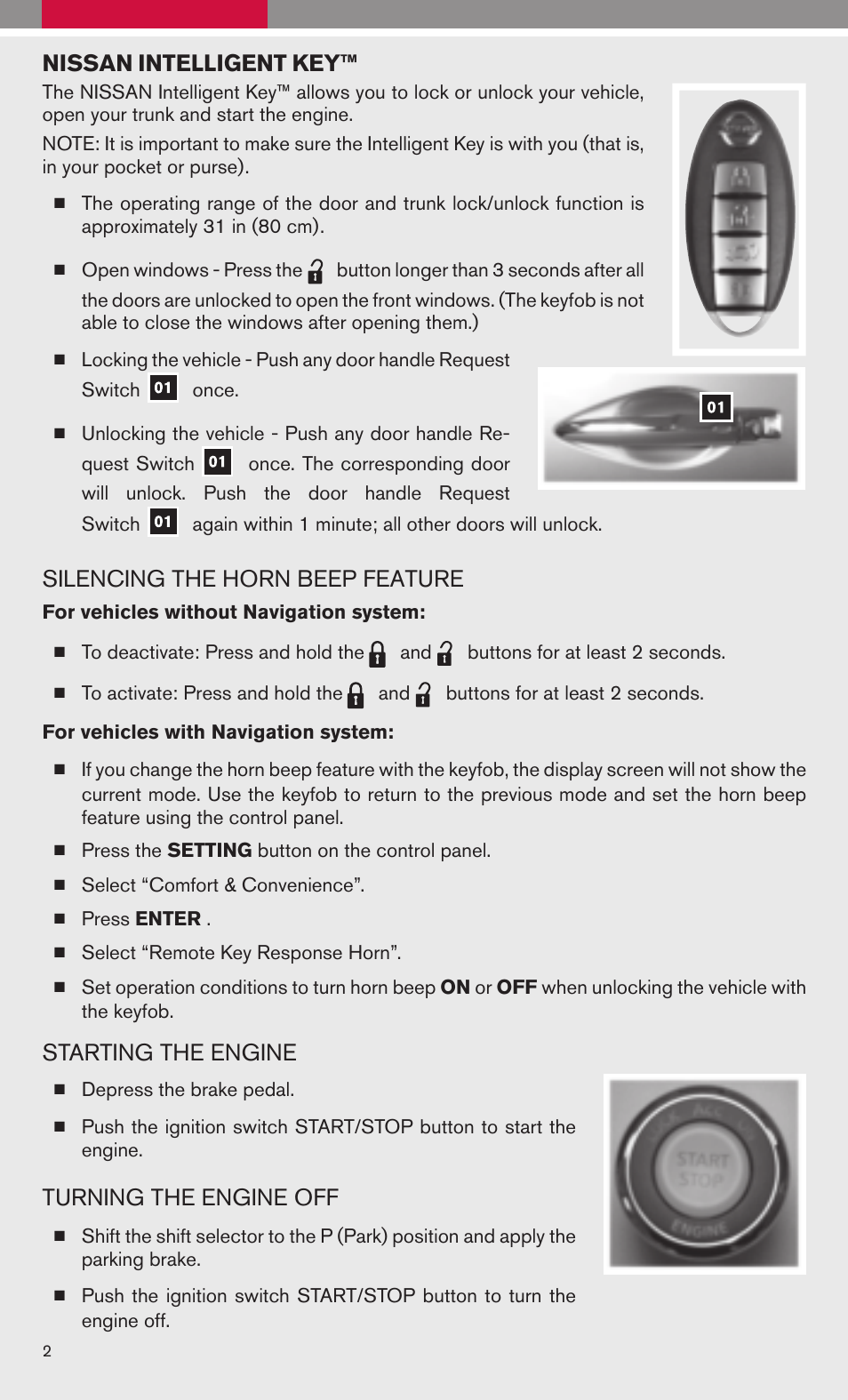 Nissan intelligent key, Silencing the horn beep feature, Starting the engine | Turning the engine off | NISSAN 2009 Maxima - Quick Reference Guide User Manual | Page 4 / 52