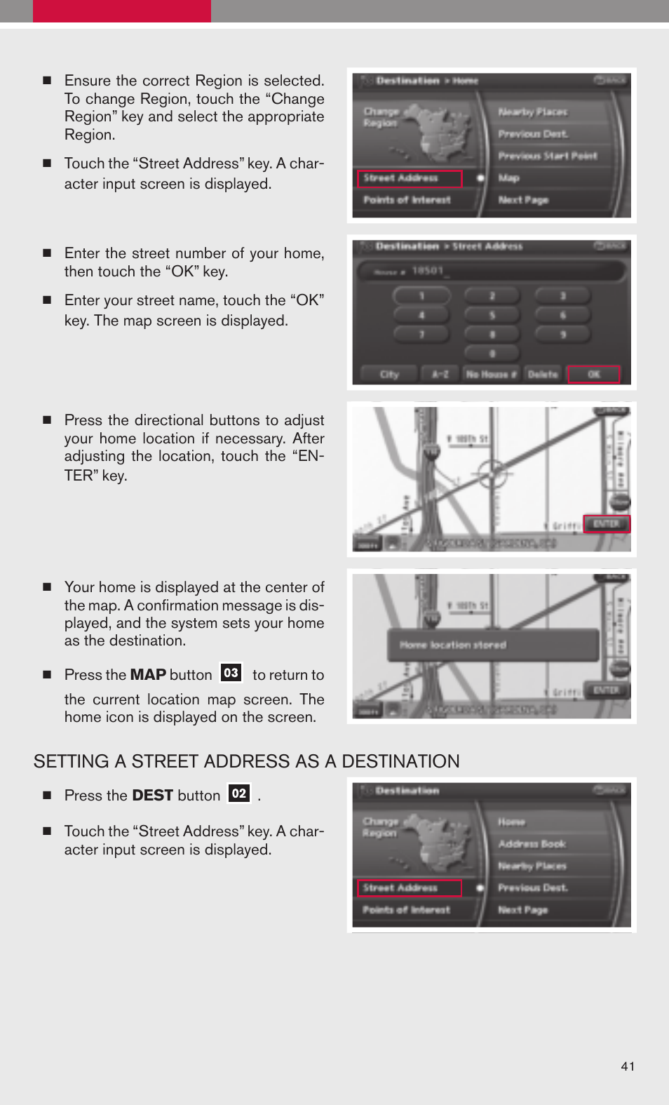 Setting a street address as a destination | NISSAN 2009 Maxima - Quick Reference Guide User Manual | Page 43 / 52