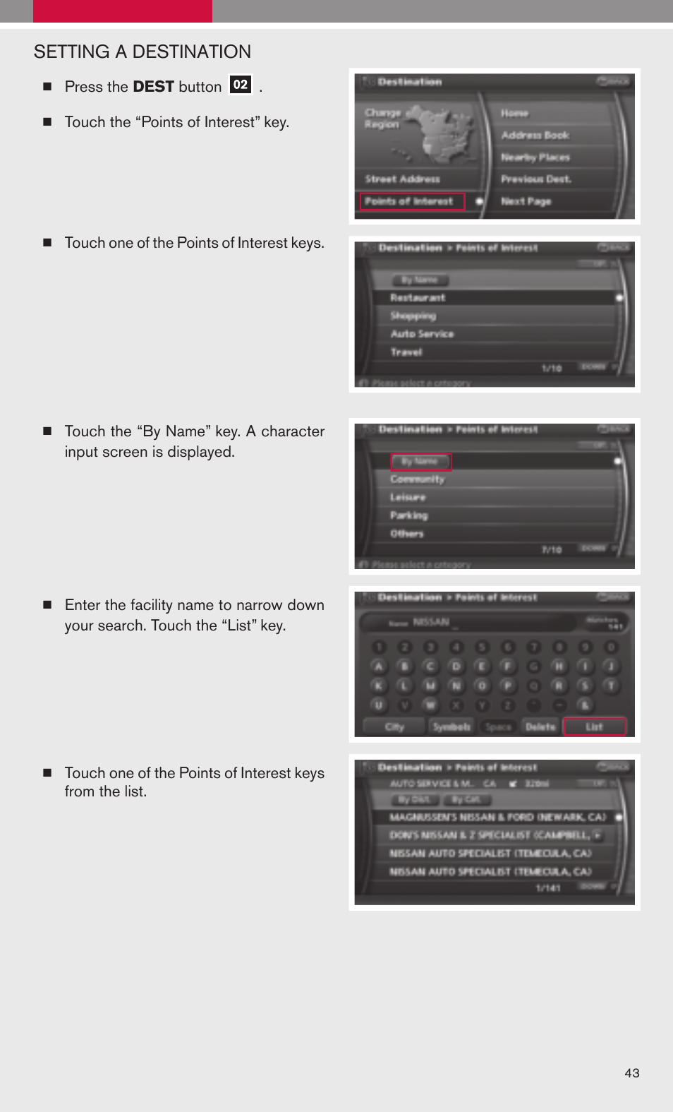 Setting a destination | NISSAN 2009 Maxima - Quick Reference Guide User Manual | Page 45 / 52