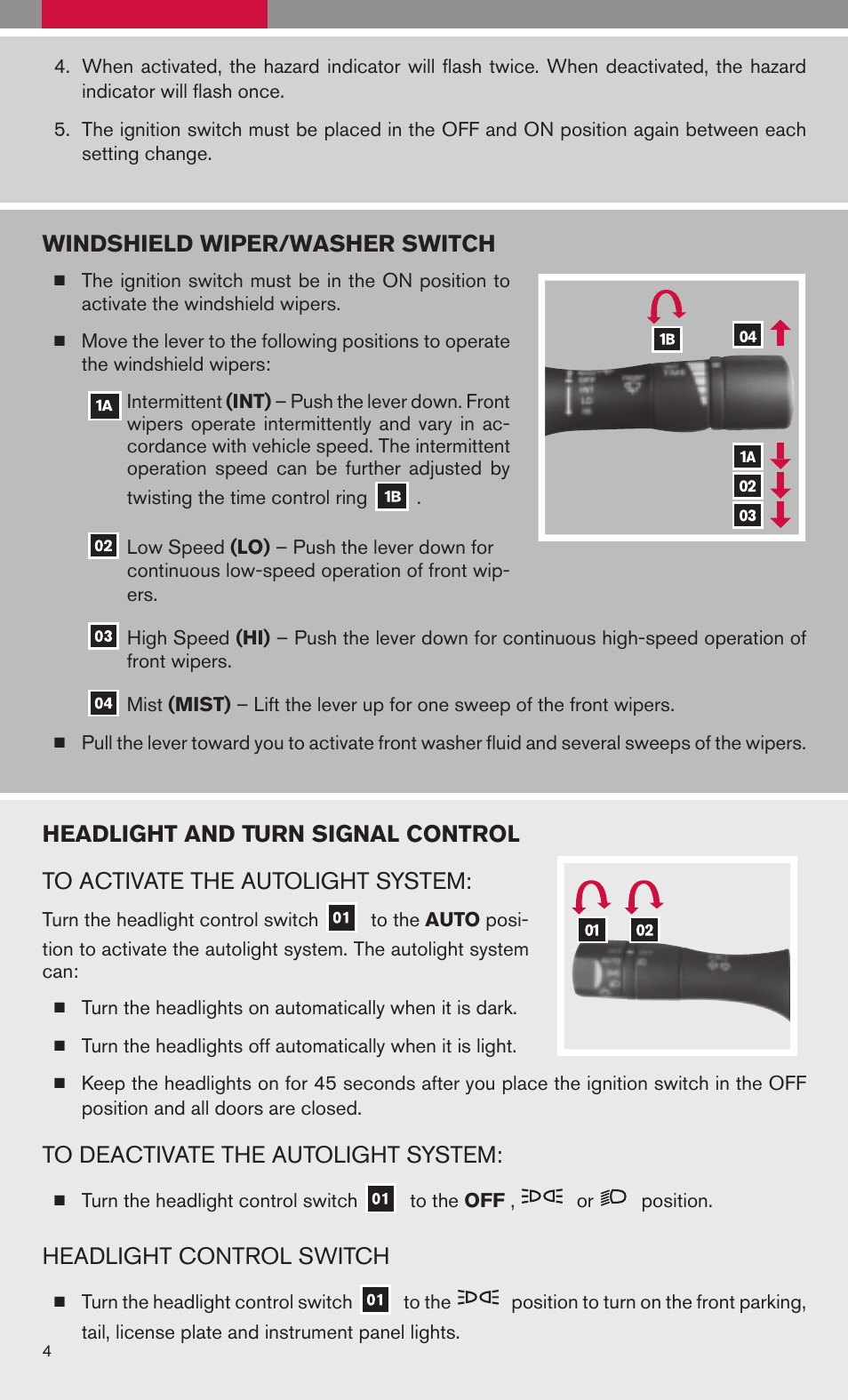 Windshield wiper/washer switch, Headlight control switch | NISSAN 2009 Maxima - Quick Reference Guide User Manual | Page 6 / 52
