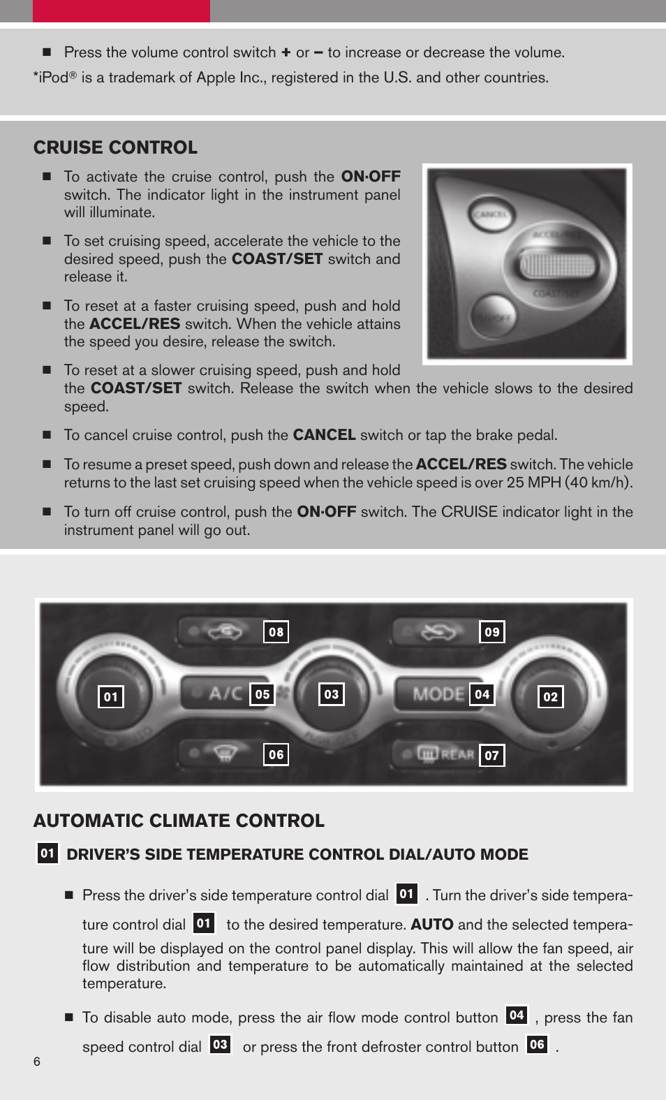 Cruise control, Automatic climate control | NISSAN 2009 Maxima - Quick Reference Guide User Manual | Page 8 / 52