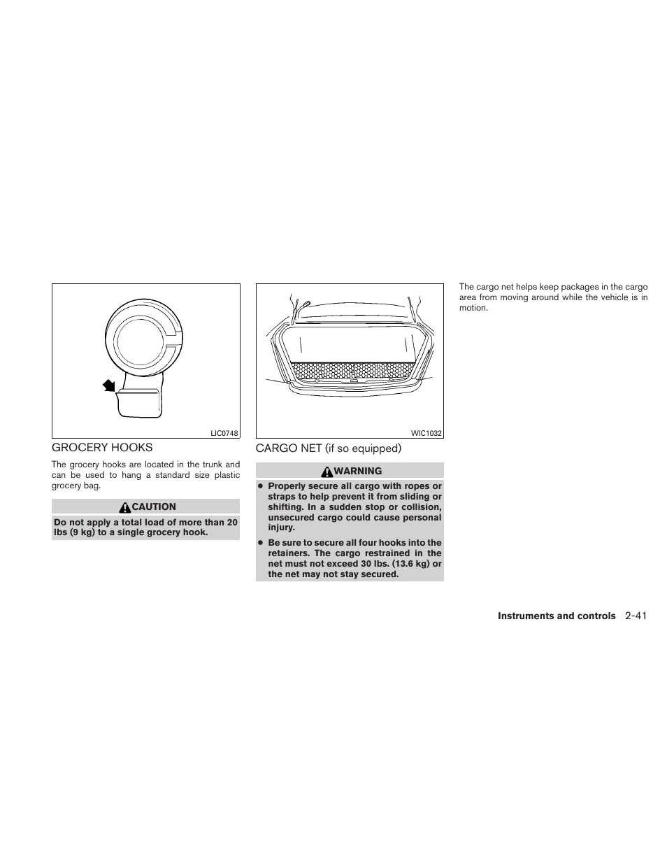 Grocery hooks -41 cargo net (if so equipped) -41 | NISSAN 2010 Maxima - Owner's Manual User Manual | Page 114 / 458