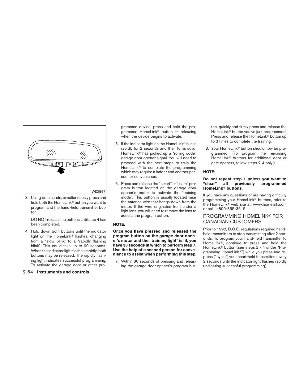 Programming homelink, For canadian, Customers -54 | NISSAN 2010 Maxima - Owner's Manual User Manual | Page 127 / 458