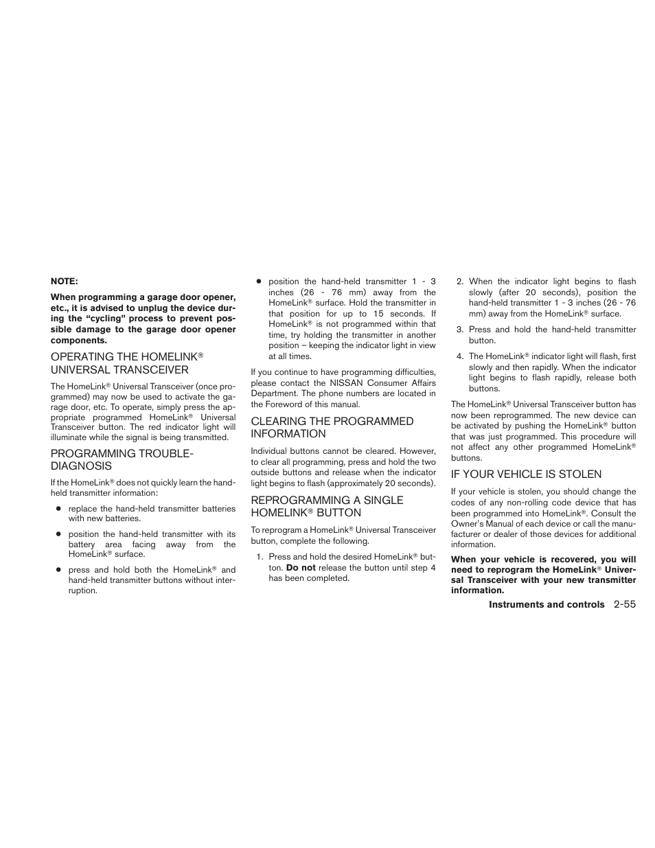 Operating the homelink, Universal, Button -55 | If your vehicle is stolen -55 | NISSAN 2010 Maxima - Owner's Manual User Manual | Page 128 / 458