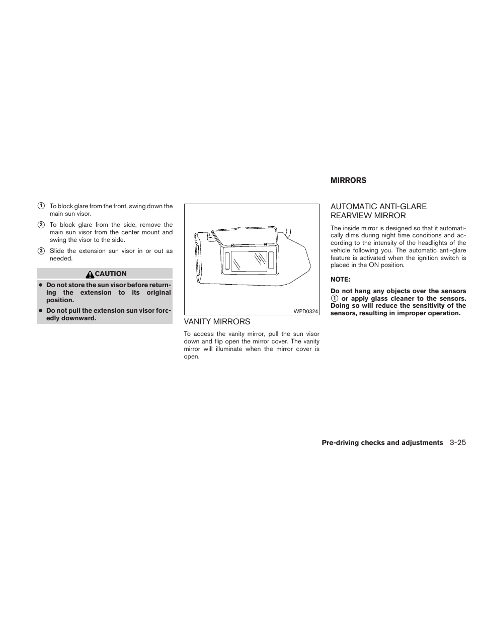 Vanity mirrors -25, Mirrors -25, Automatic anti-glare rearview mirror -25 | NISSAN 2010 Maxima - Owner's Manual User Manual | Page 154 / 458