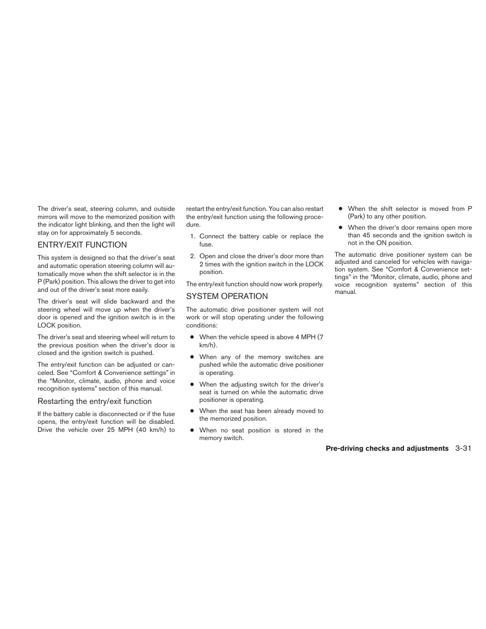 Entry/exit function -31 system operation -31 | NISSAN 2010 Maxima - Owner's Manual User Manual | Page 160 / 458