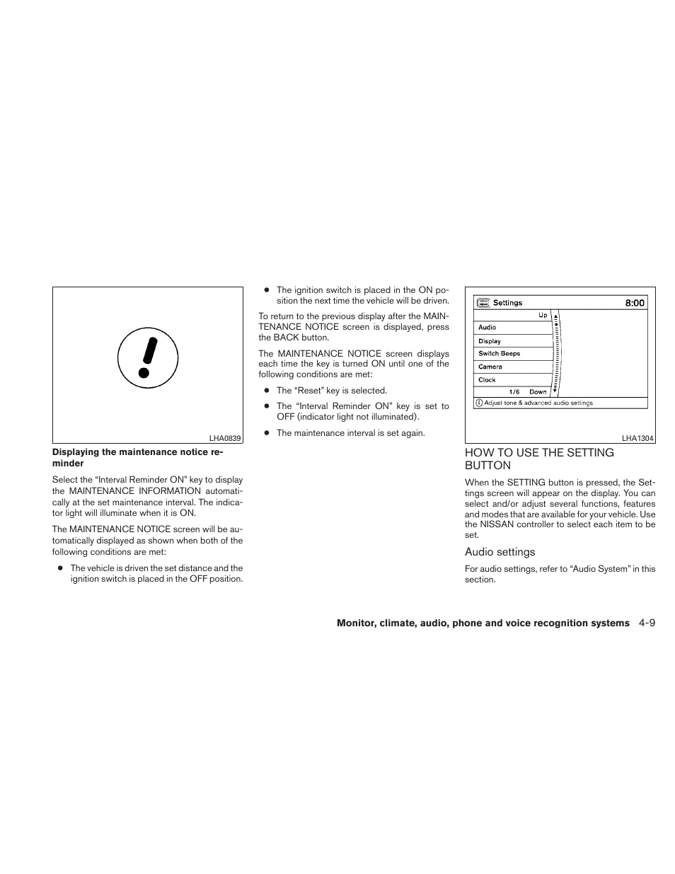 How to use the setting button -9 | NISSAN 2010 Maxima - Owner's Manual User Manual | Page 170 / 458