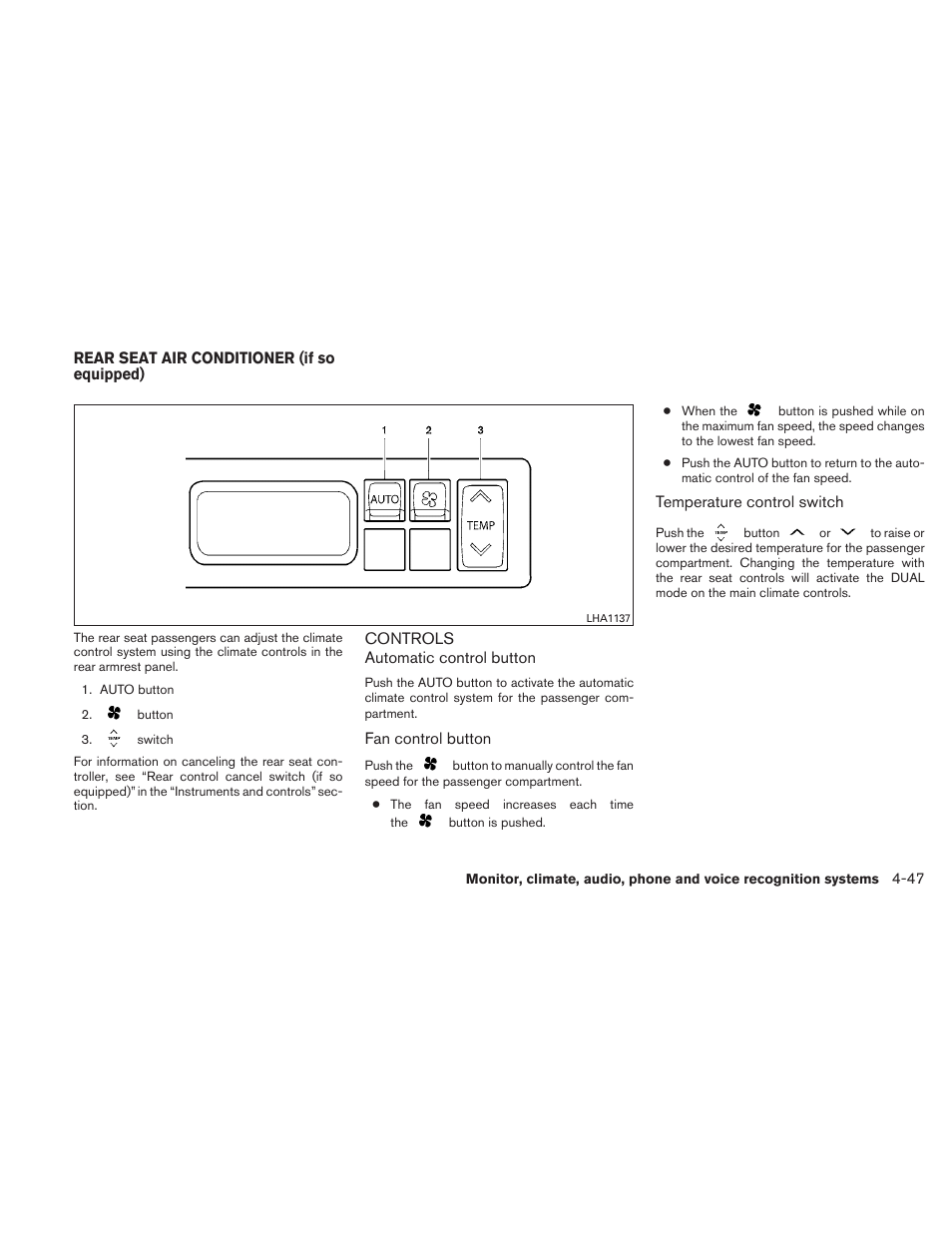 Rear seat air conditioner (if so equipped) -47, Controls -47 | NISSAN 2010 Maxima - Owner's Manual User Manual | Page 208 / 458