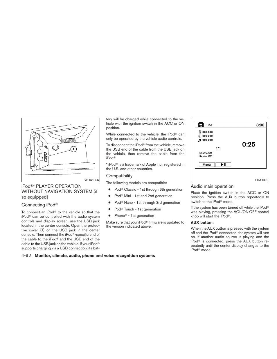 Ipod, Player operation without navigation, System (if so equipped) -92 | NISSAN 2010 Maxima - Owner's Manual User Manual | Page 253 / 458