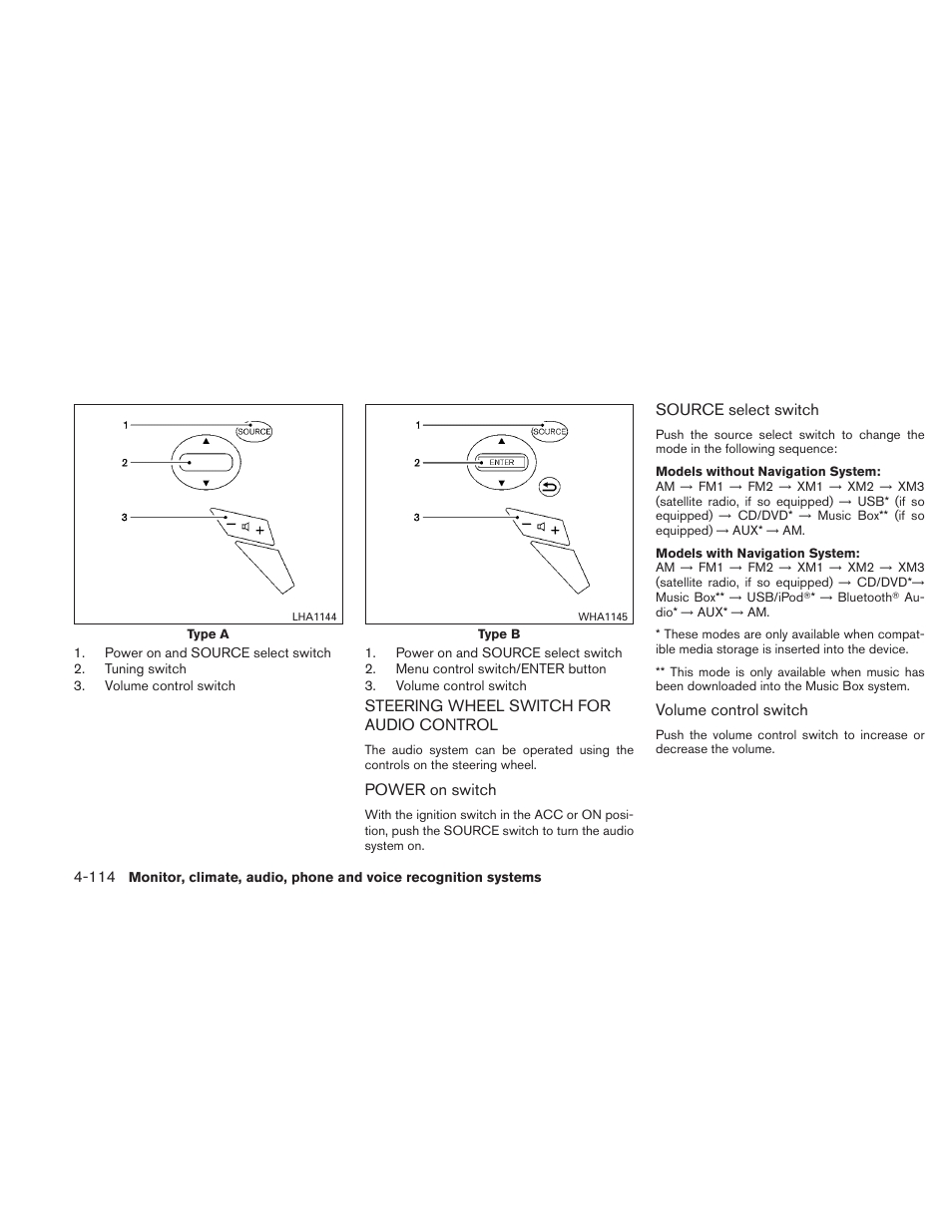 Steering wheel switch for audio control -114 | NISSAN 2010 Maxima - Owner's Manual User Manual | Page 275 / 458