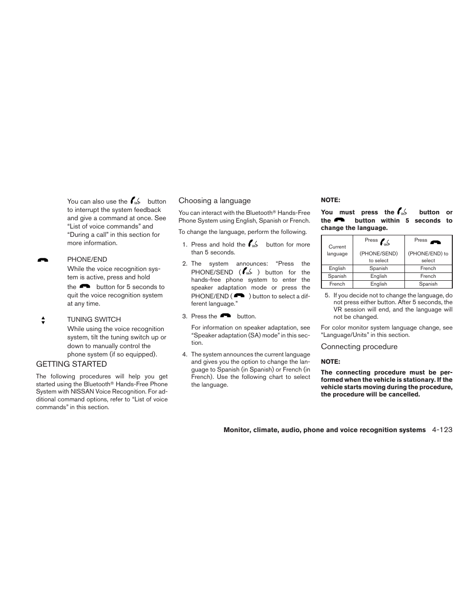 Getting started -123, Getting started, Choosing a language | Connecting procedure | NISSAN 2010 Maxima - Owner's Manual User Manual | Page 284 / 458