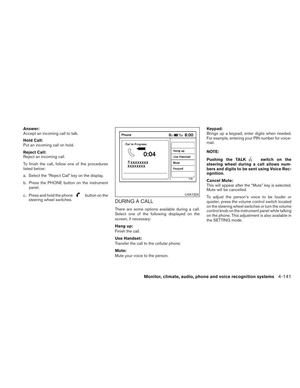 During a call -141 | NISSAN 2010 Maxima - Owner's Manual User Manual | Page 302 / 458