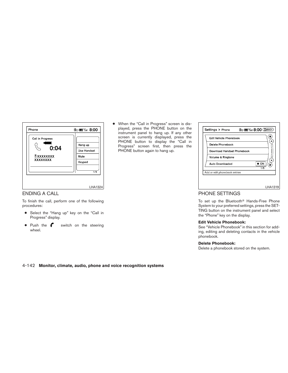 Ending a call -142, Phone settings -142 | NISSAN 2010 Maxima - Owner's Manual User Manual | Page 303 / 458