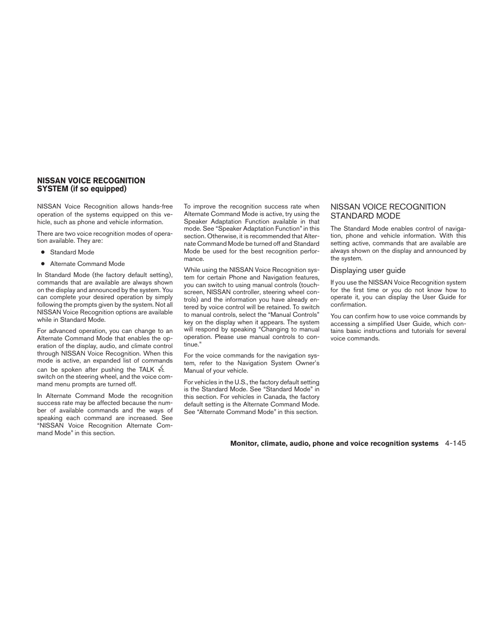 Nissan voice recognition standard mode -145 | NISSAN 2010 Maxima - Owner's Manual User Manual | Page 306 / 458