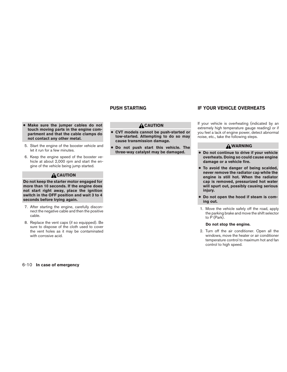 Push starting -10 if your vehicle overheats -10 | NISSAN 2010 Maxima - Owner's Manual User Manual | Page 367 / 458