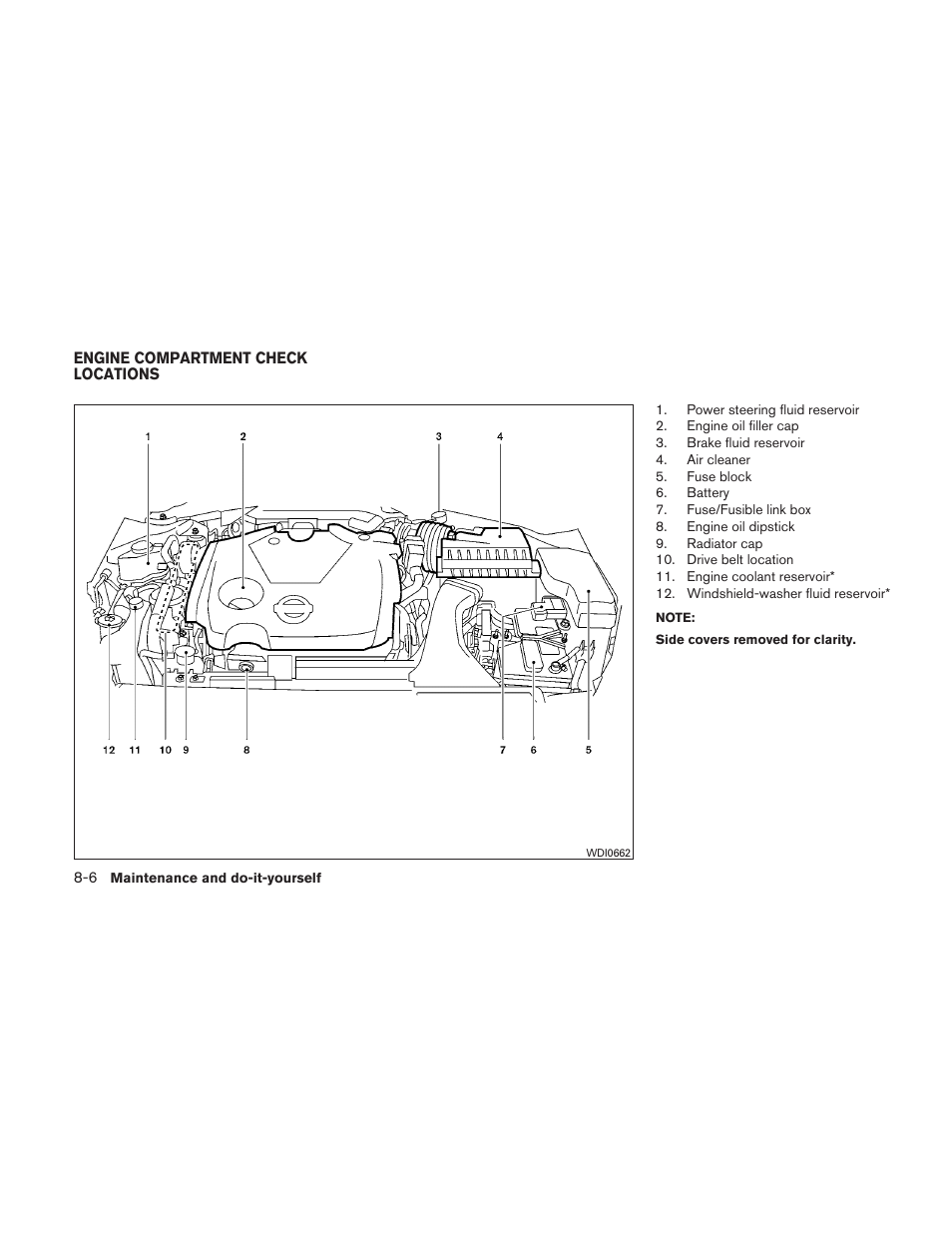 Engine compartment check locations -6 | NISSAN 2010 Maxima - Owner's Manual User Manual | Page 385 / 458