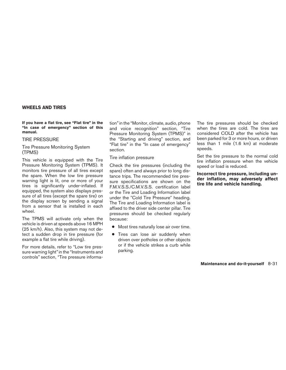 Wheels and tires -31, Tire pressure -31 | NISSAN 2010 Maxima - Owner's Manual User Manual | Page 410 / 458