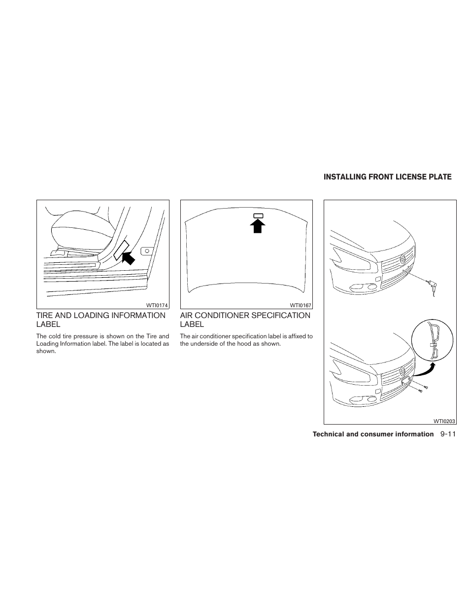 Tire and loading information label -11, Air conditioner specification label -11, Installing front license plate -11 | NISSAN 2010 Maxima - Owner's Manual User Manual | Page 432 / 458