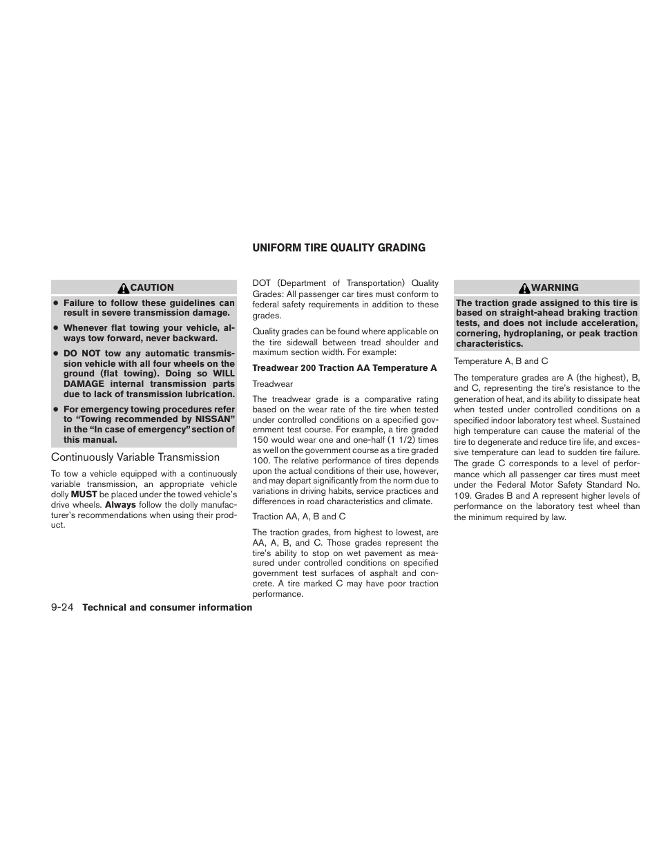 Uniform tire quality grading -24 | NISSAN 2010 Maxima - Owner's Manual User Manual | Page 445 / 458