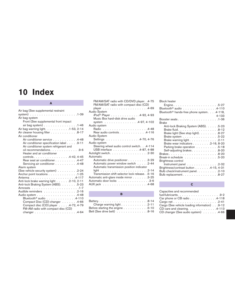 Index, 10 index | NISSAN 2010 Maxima - Owner's Manual User Manual | Page 450 / 458
