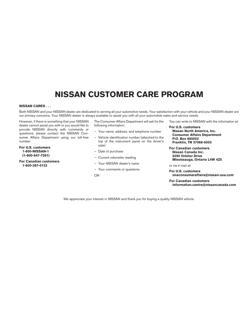 Nissan customer care program | NISSAN 2010 Maxima - Owner's Manual User Manual | Page 5 / 458