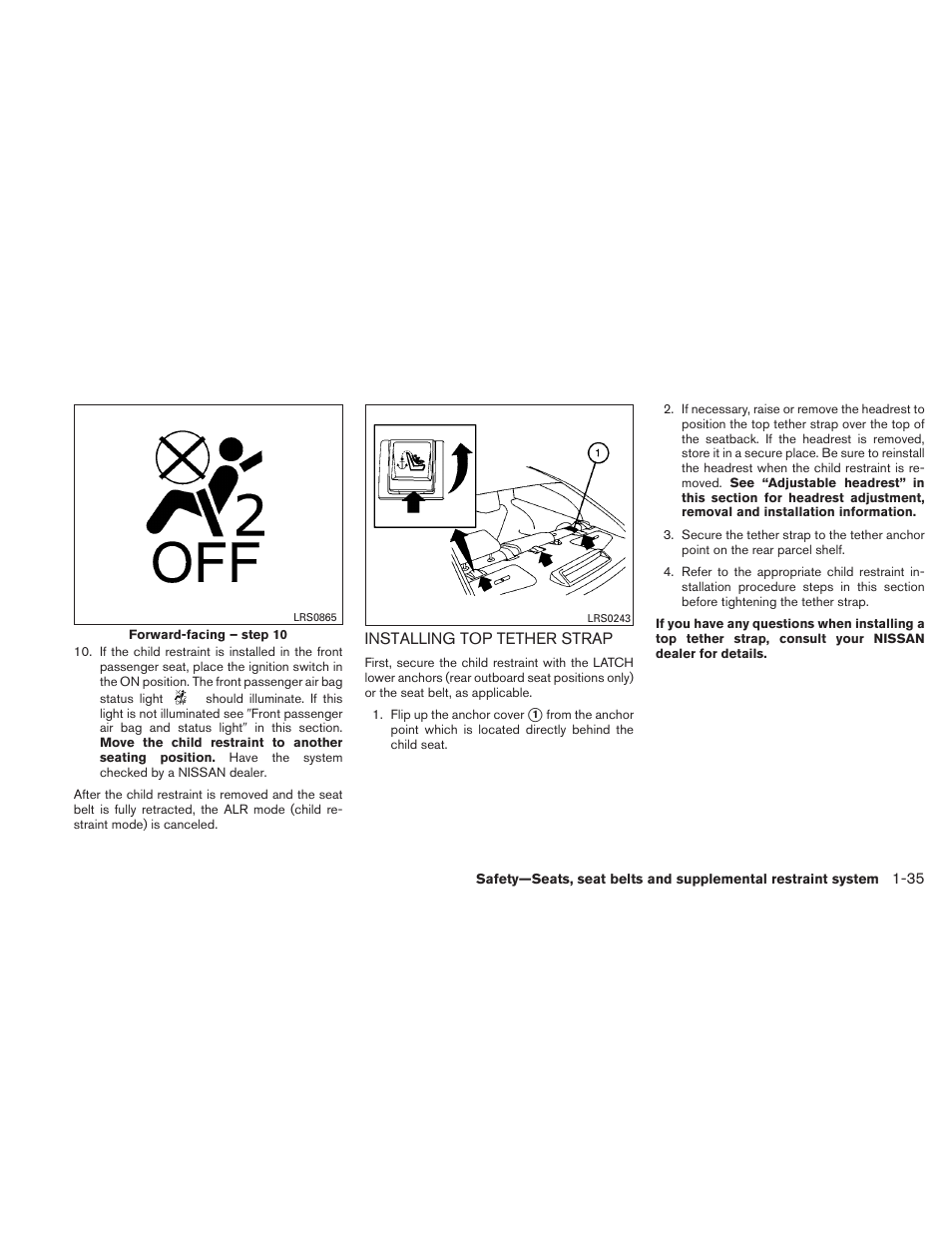 Installing top tether strap -35 | NISSAN 2010 Maxima - Owner's Manual User Manual | Page 52 / 458