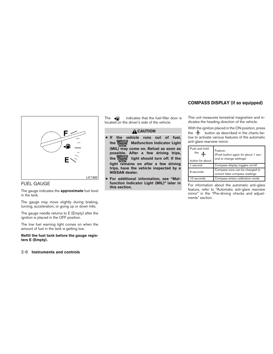 Fuel gauge -6, Compass display (if so equipped) -6, Fuel gauge | Compass display (if so equipped) | NISSAN 2010 Maxima - Owner's Manual User Manual | Page 79 / 458