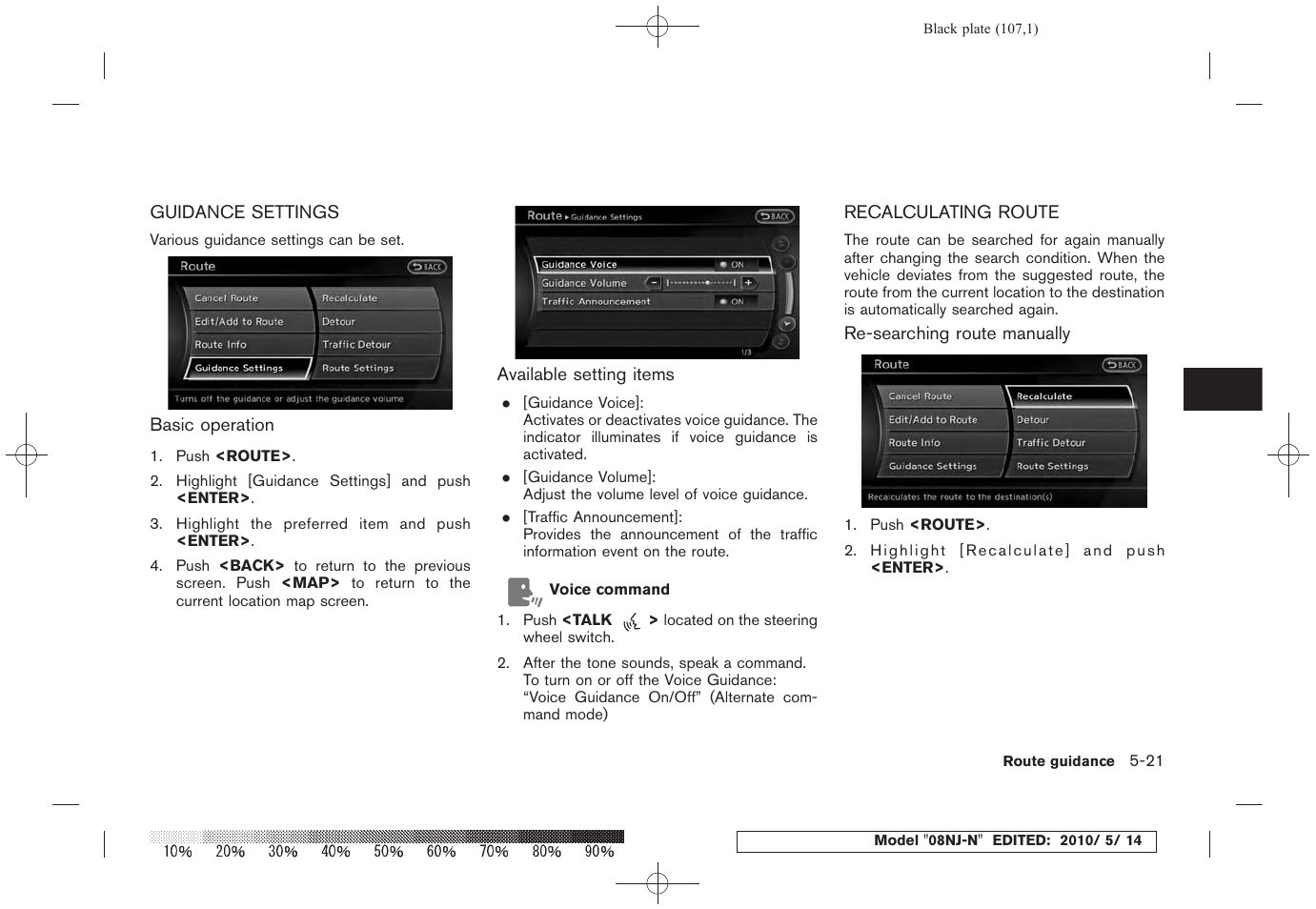 Guidance settings -21 recalculating route -21 | NISSAN 2010 Maxima - Navigation System Owner's Manual User Manual | Page 102 / 241