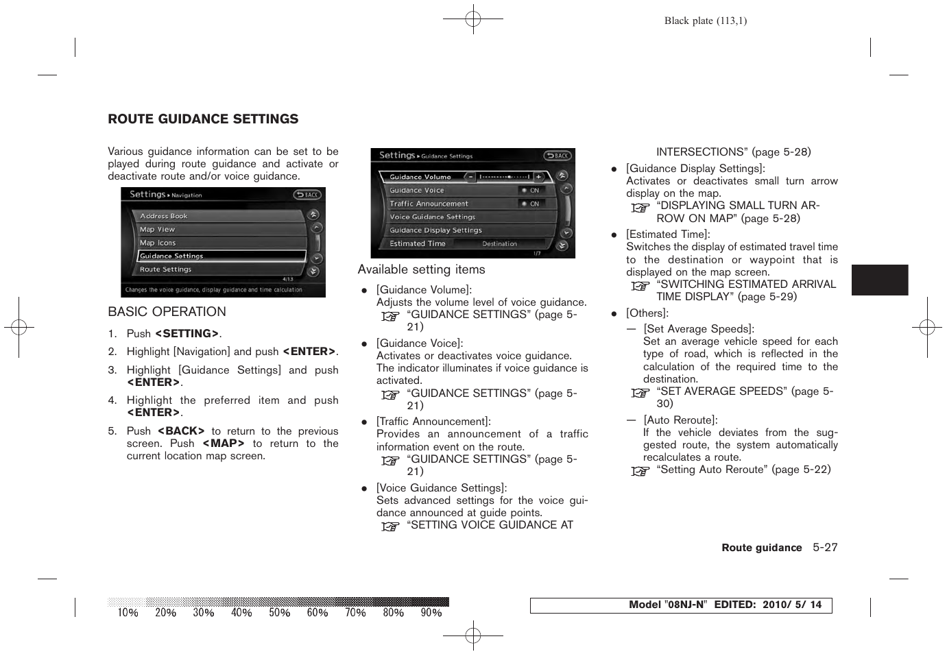 Route guidance settings -27, Basic operation -27 | NISSAN 2010 Maxima - Navigation System Owner's Manual User Manual | Page 108 / 241