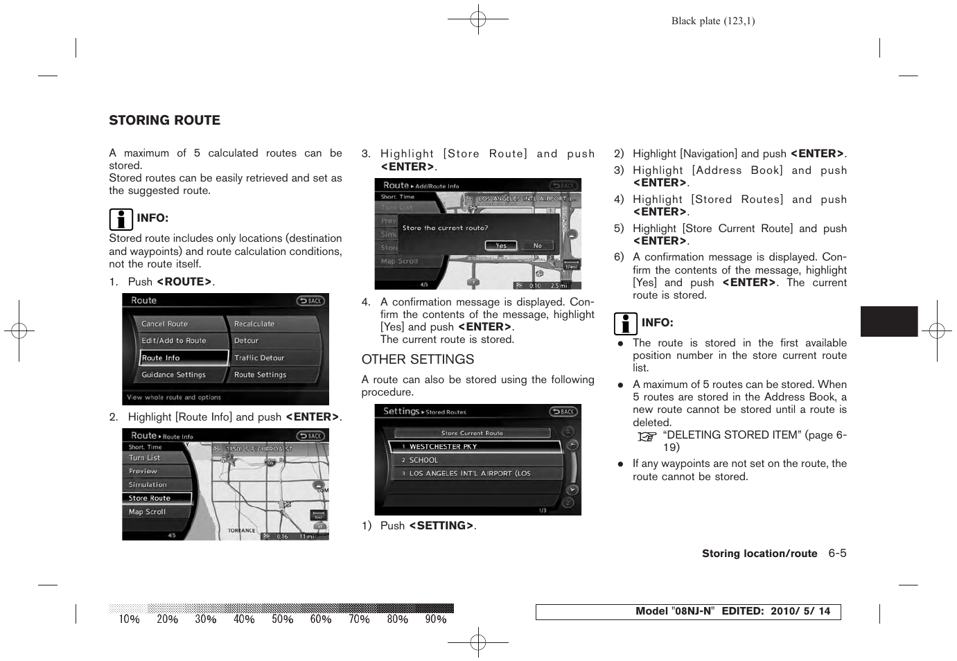 Storing route -5, Other settings -5 | NISSAN 2010 Maxima - Navigation System Owner's Manual User Manual | Page 116 / 241