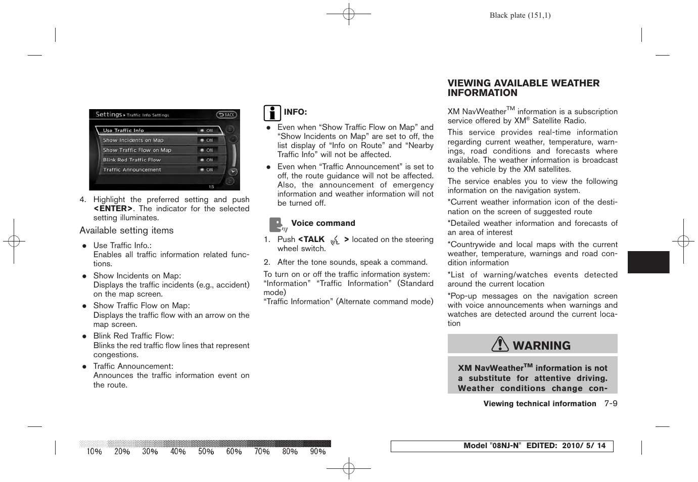 Viewing available weather information -9, Warning | NISSAN 2010 Maxima - Navigation System Owner's Manual User Manual | Page 144 / 241