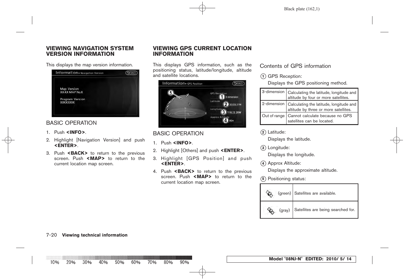 Viewing navigation system version information -20, Basic operation -20, Viewing gps current location information -20 | Viewing navigation system | NISSAN 2010 Maxima - Navigation System Owner's Manual User Manual | Page 155 / 241