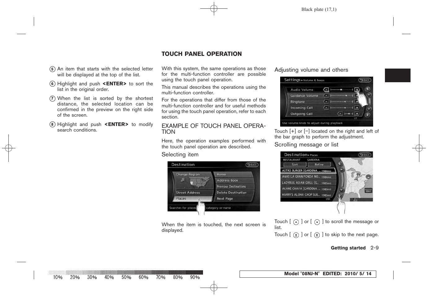 Touch panel operation -9, Example of touch panel operation -9 | NISSAN 2010 Maxima - Navigation System Owner's Manual User Manual | Page 16 / 241