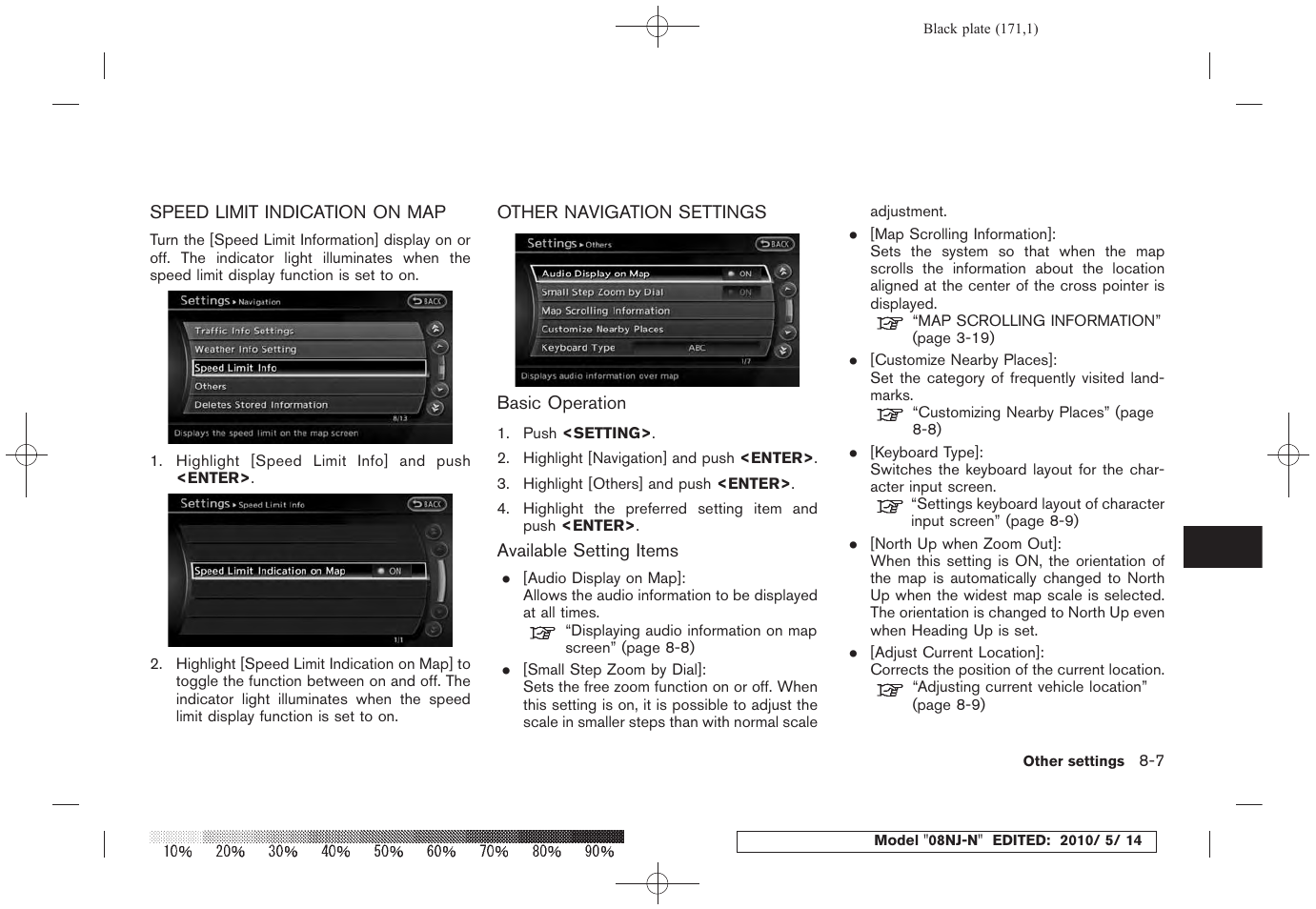 Speed limit indication on map -7, Other navigation settings -7, Other navigation settings | NISSAN 2010 Maxima - Navigation System Owner's Manual User Manual | Page 162 / 241