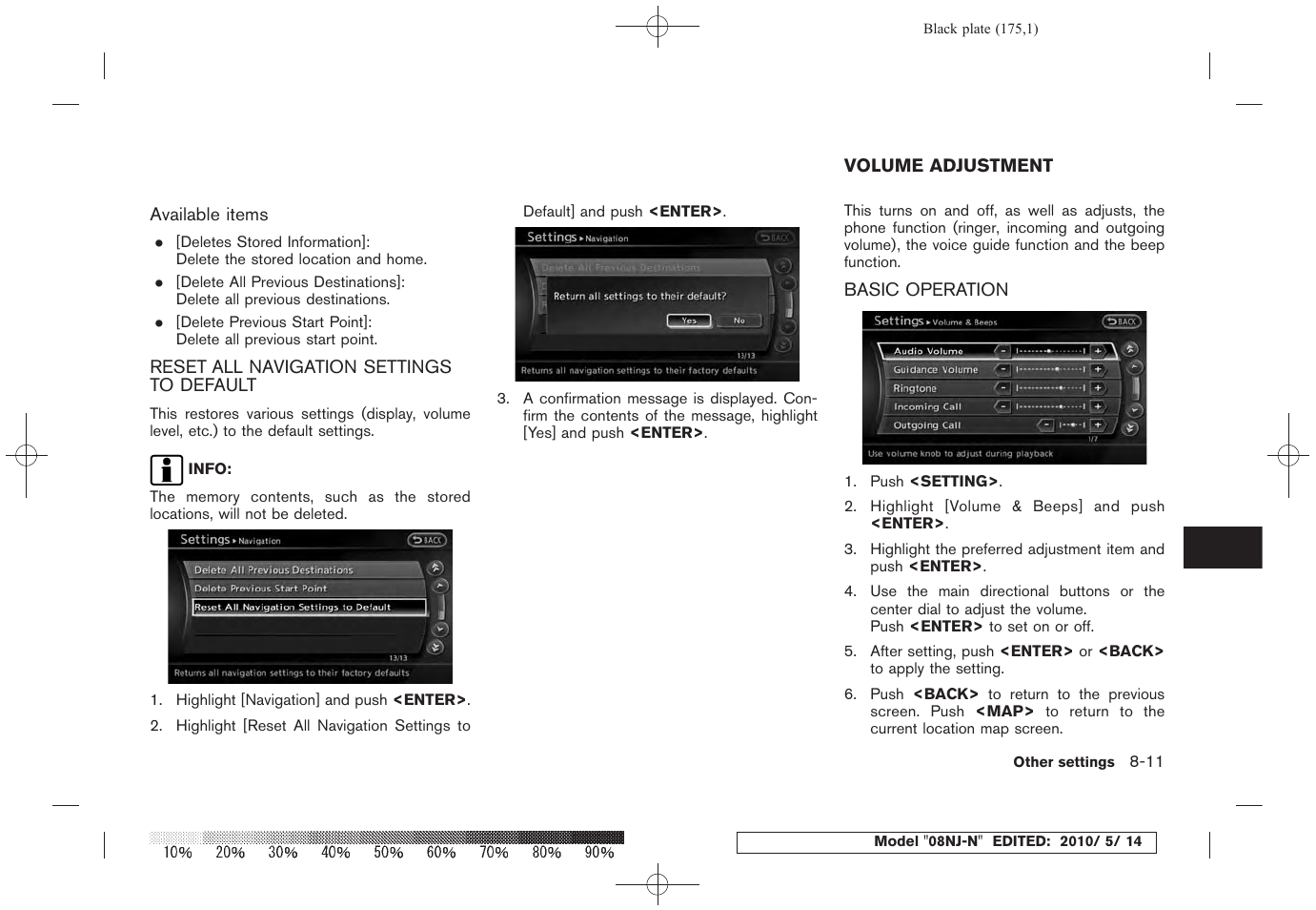 Reset all navigation settings to default -11, Volume adjustment -11, Basic operation -11 | NISSAN 2010 Maxima - Navigation System Owner's Manual User Manual | Page 166 / 241