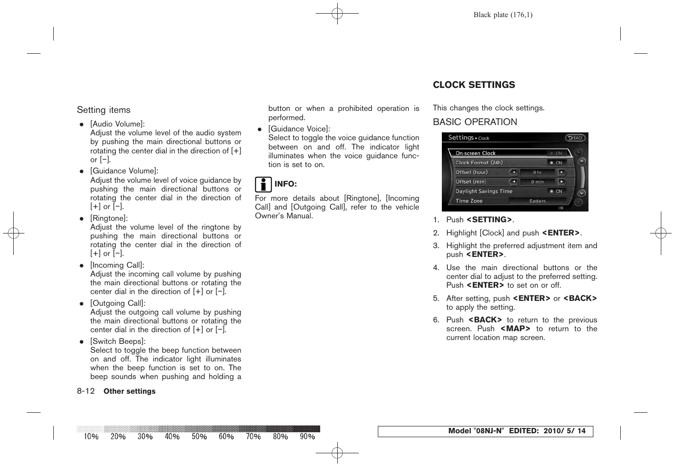 Clock settings -12, Basic operation -12 | NISSAN 2010 Maxima - Navigation System Owner's Manual User Manual | Page 167 / 241