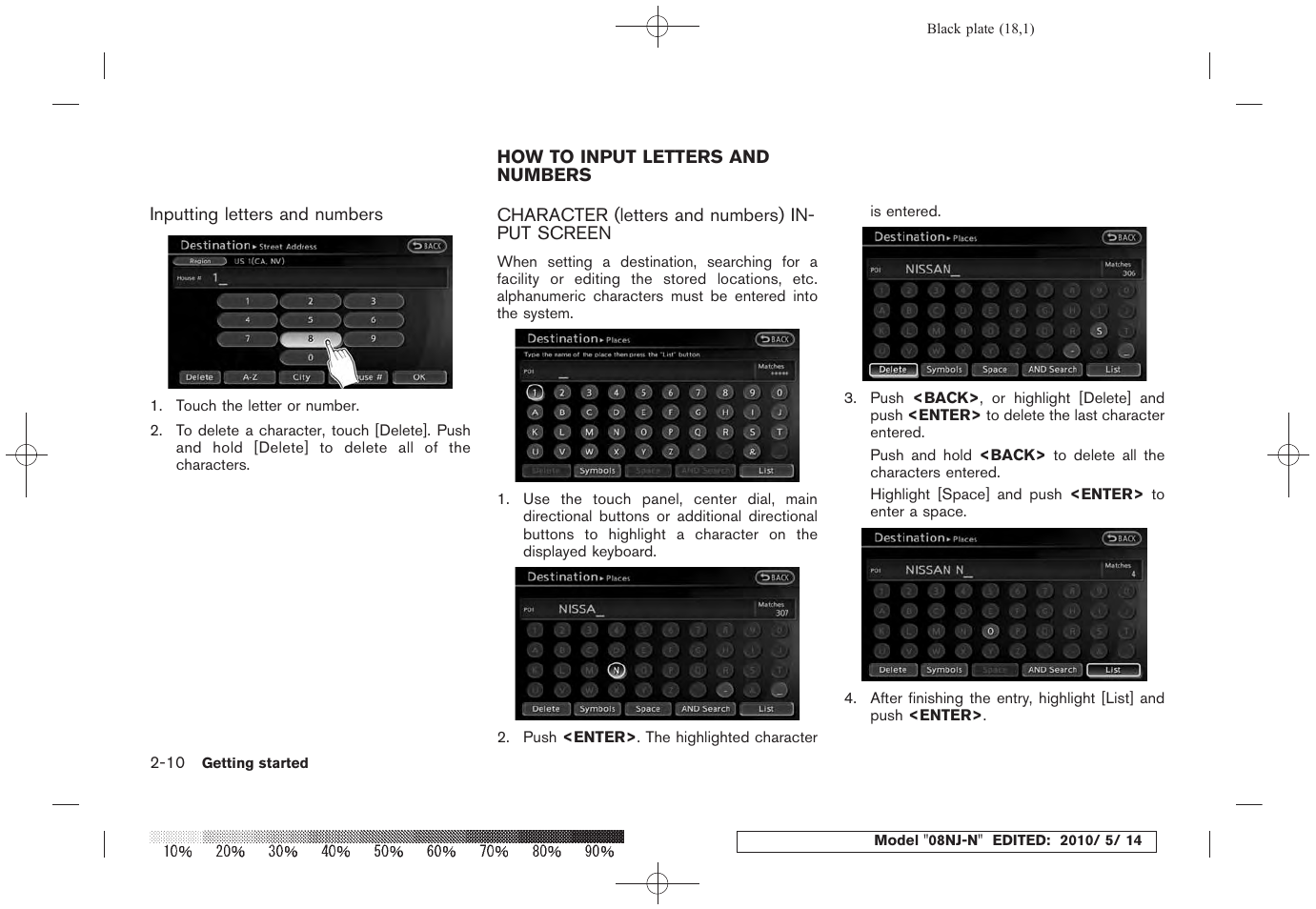 How to input letters and numbers -10, Character (letters and numbers) input screen -10 | NISSAN 2010 Maxima - Navigation System Owner's Manual User Manual | Page 17 / 241