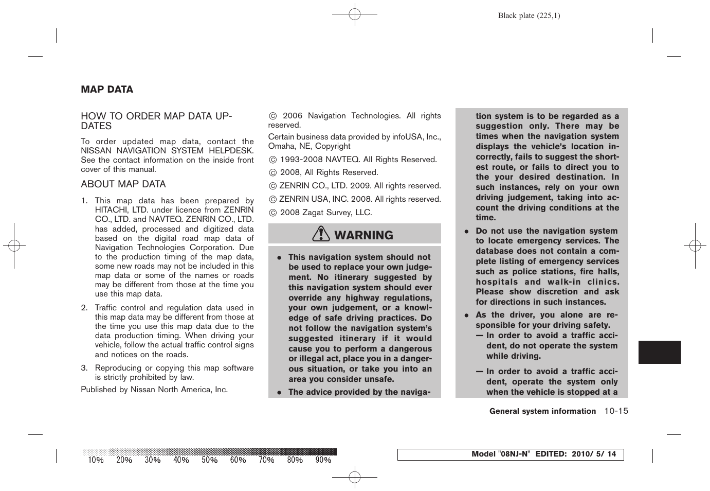 Map data -15, Warning | NISSAN 2010 Maxima - Navigation System Owner's Manual User Manual | Page 214 / 241